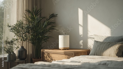 Tranquil bedroom scene featuring an aroma diffuser and plants in the morning