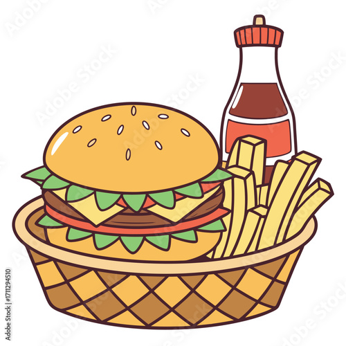 Basket contains appetizing burger, plentiful french fries, and bottled condiment against a transparent backdrop