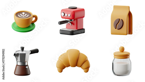 3D Coffee Time Still Life with Espresso Machine, Croissant, and Sugar Jar on Transparent Backdrop