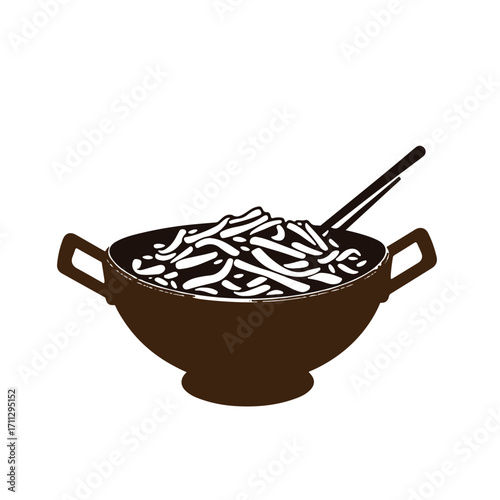 Korean food depicted as a classic black and white vector silhouette on a cast bronze surface, finished with a timeless, elegant, and antique patina, presented on white.
