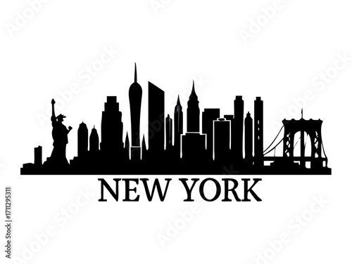 New York skyline vector design silhouette, ideal for vinyl cutting. Features detailed lines and rounded corners for optimal vinyl ready. Includes all major NYC landmarks in one stunning graphic.