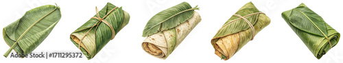 Naturally wrapped food delights showcase vibrant green banana leaves tied with twine, offering an authentic taste of tradition and freshness.