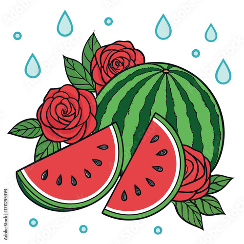 Refreshing watermelon and rose blend with rain droplet elements on transparent background
