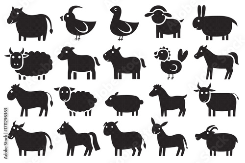 Farm animals silhouette collection illustration of livestock and poultry in simple black shapes