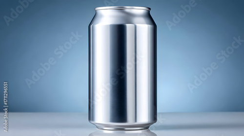 Aluminum can dented shiny silver beverage container blank metal mockup Minimal shiny silver aluminum can with subtle dent, blank beverage container blue gradient background, clean reflective metal