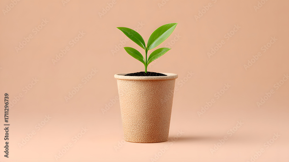 Fototapeta premium Eco friendly sustainable seedling potted plant recycled paper cup minimal beige green leaves soil growth. Eco friendly sustainable seedling recycled paper cup minimal beige background