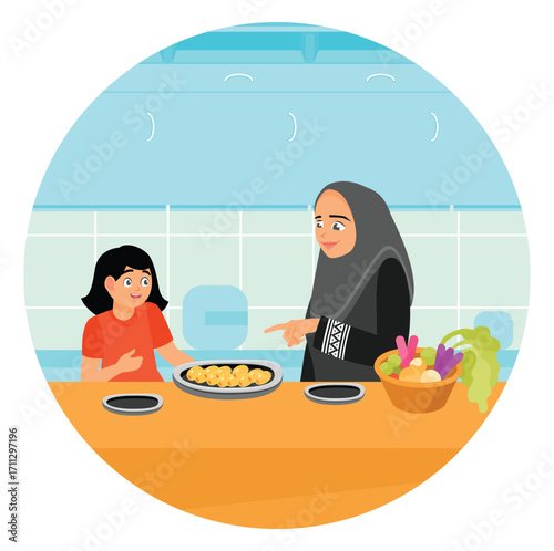 Mother and Daughter concept. Mother and Daughter Cooking Together In a warm and cozy kitchen.