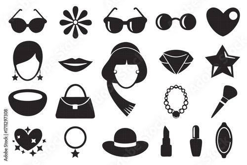 Fashion and beauty silhouette collection illustration of accessories, makeup, jewelry and woman elements