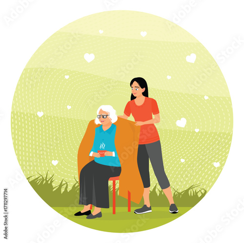 Daughter taking care of her mother concept. Daughter helped cover her mother body with a warm.