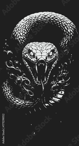 Striking monochrome snake with exposed fangs and extended forked tongue.