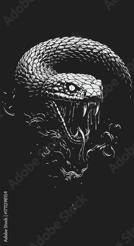 Dramatic Black and White Illustration of a Venomous Snake with Open Mouth.