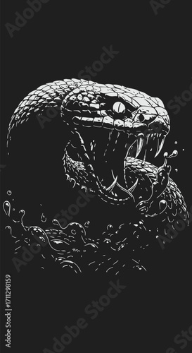 Aggressive Snake Head with Open Mouth and Dripping Venom Illustration.