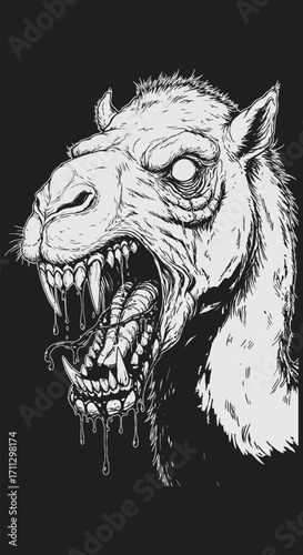 Ferocious Camels Open Mouth Displaying Sharp Teeth and Saliva in Detailed Illustration.