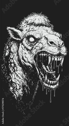 Monstrous Camelid Beast Head with Dripping Fangs and Unsettling Gaze.