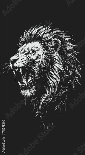 Gnarled Lion Head Ink Sketch Blood Dripping Dark Background.