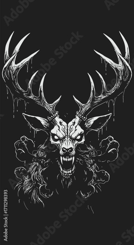 Ferocious MeltedAntlered Deer Skull with Gnarled Mane.