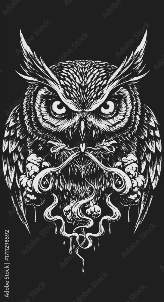Fototapeta premium Intricate Black and White Owl Illustration with Ornamental Smoke and Dripping Details.