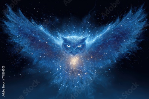 Majestic Owl Spreading Wings in Cosmic Background of Stars and Galaxies Illustrating Mystical Night Sky