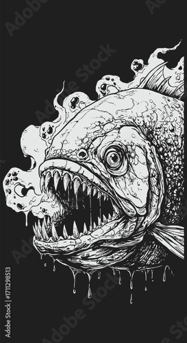 Ferocious Fish Illustration with Sharp Teeth and Dripping Drool Aggressive Expression.