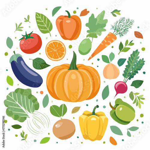 Fresh organic food ingredients vector set, vegetables and fruits illustration, farm to table concept, healthy eating, culinary design elements, vibrant natural colors
