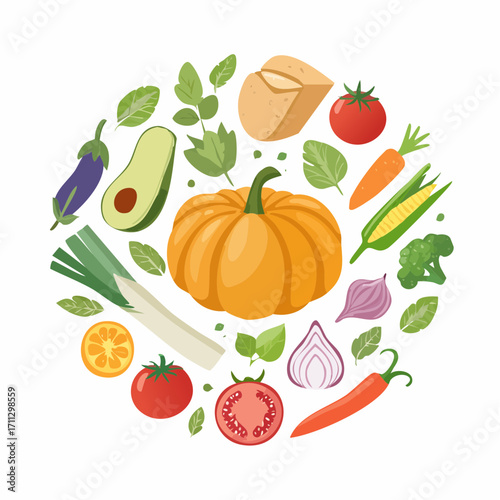 Fresh organic food ingredients vector set, vegetables and fruits illustration, farm to table concept, healthy eating, culinary design elements, vibrant natural colors
