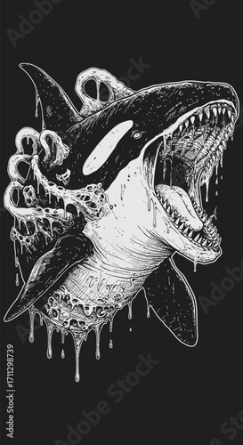 Orcas Terrifying Transformation A Detailed Monstrous and Eerie Illustration.