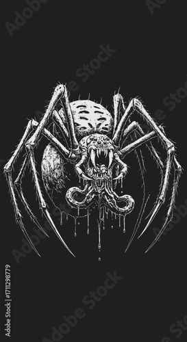 Monochrome Illustration of a Ferocious Spider with Dripping Venom.