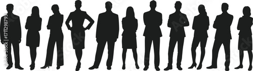 Flat vector illustration of a diverse group of business professionals standing confidently in a row, showcasing teamwork and leadership