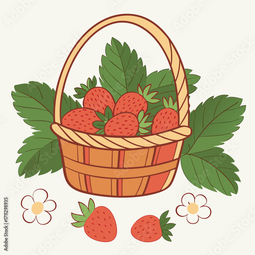 Ripe strawberries fill the brown basket, surrounded by lush leaves and blossoms, set against ivory