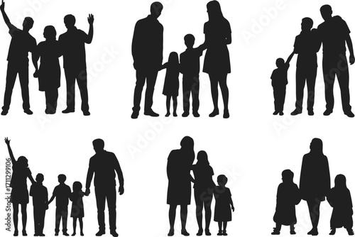Families and Children Silhouettes, Parents with Kids and Friends, Happy Family Time, Human Relationships Vector Illustration for Graphic Design