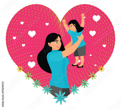 Mom lifting her daughter concept. Happy Young Mother playing with the daughter..