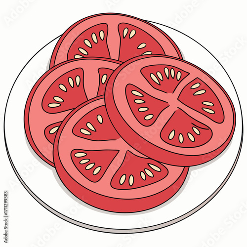 Four tomato slices with seeds are stacked on a white round plate artistically