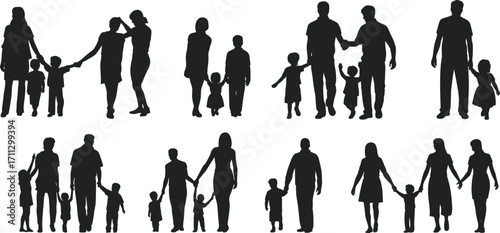 Family Silhouettes, Parents and Children Walking Together, Happy Families with Kids, Human Relationships Vector Illustration for Graphic Design