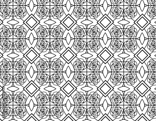 Intricate Rose Pattern: A detailed seamless pattern composed of stylized roses and geometric shapes, artfully rendered to create a visually engaging texture. 