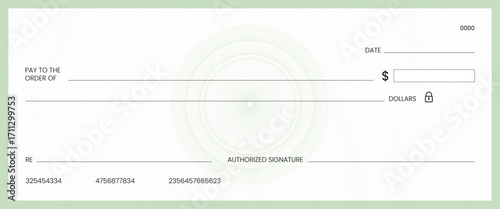 Blank bank check, checkbook cheque template or money payment paper voucher, vector mockup. Business or personal account cash pay cheque certificate or paycheck coupon from checkbook