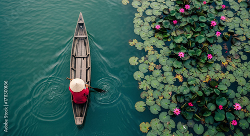 Aerial view of a boat in a tranquil lily pad pond in Asia