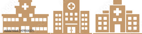 Set of flat vector hospital building icons with cross symbol, modern medical clinic and healthcare center illustration, design elements for medicine, emergency, and urban architecture projects.