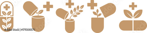 Set of flat vector herbal medicine capsule icons with leaves, plants, and cross symbols, natural healthcare and organic supplement illustration for pharmacy, wellness, and medical design.