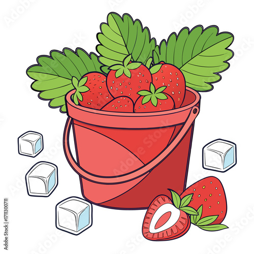 Fresh strawberries with leaves inside red bucket surrounded by ice cubes against white background