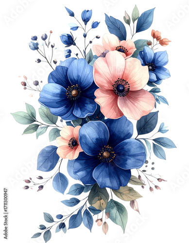 Watercolor floral ornament illustration with soft green leaves, navy blue and soft pink flowers, elegant botanical design