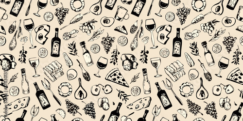 Hand drawn sketch pattern of food and wine elements on a light background