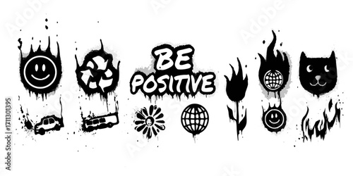 Graffiti style icons and text be positive with smiley recycle globe flower tulip cat and vehicles