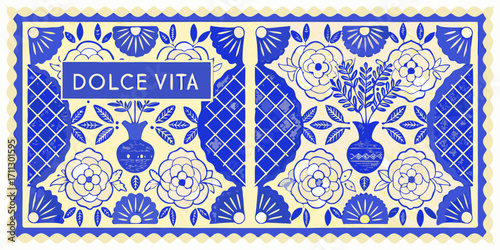 Dolce vita text with blue and white floral pattern and decorative border