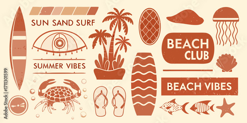 Retro summer beach vibes collection with surfboard palm trees crab and jellyfish