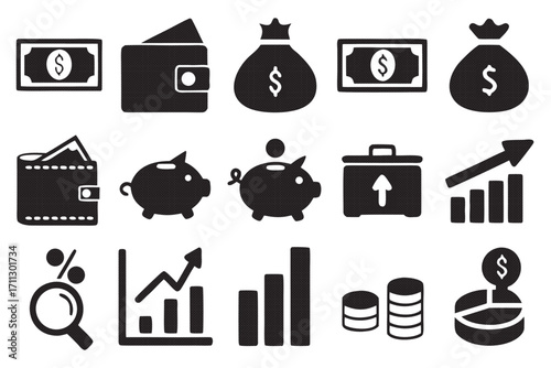 Set of finance and money icons, representing various financial concepts, transactions, and investment strategies in a modern style