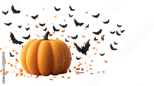 Pumpkin with bats and confetti isolated on transparent background.