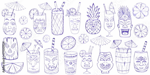 Collection of hand drawn tiki masks and tropical cocktails with citrus slices and umbrellas