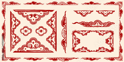 Collection of traditional chinese red decorative ornate borders and corner elements on beige background