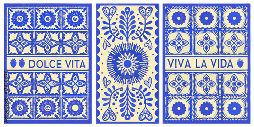 Triptych of vibrant blue and cream folk art with floral motifs and inspirational phrases dolce vita viva la vida
