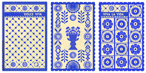 Traditional folk art inspired blue and yellow floral patterns with text phrases dolce vita and viva la vida
